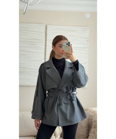 OVERSİZE DÜŞÜK OMUZ TRENÇKOT - ANTRASİT GRİ 