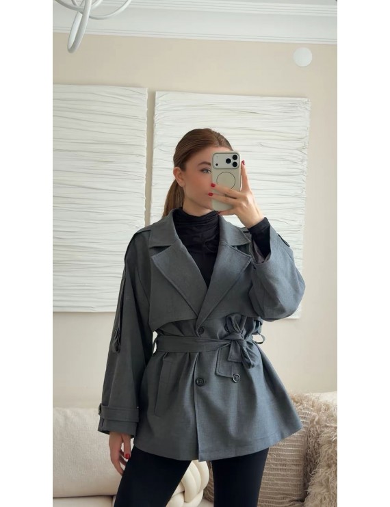 OVERSİZE DÜŞÜK OMUZ TRENÇKOT - ANTRASİT GRİ 