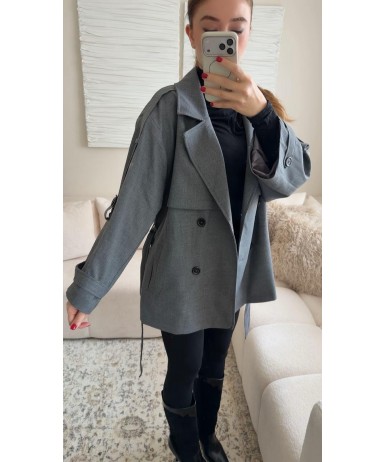 OVERSİZE DÜŞÜK OMUZ TRENÇKOT - ANTRASİT GRİ 