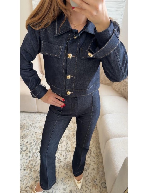 GOLD DÜĞME DETAYLI KOT CEKET PANTOLON TAKIM 