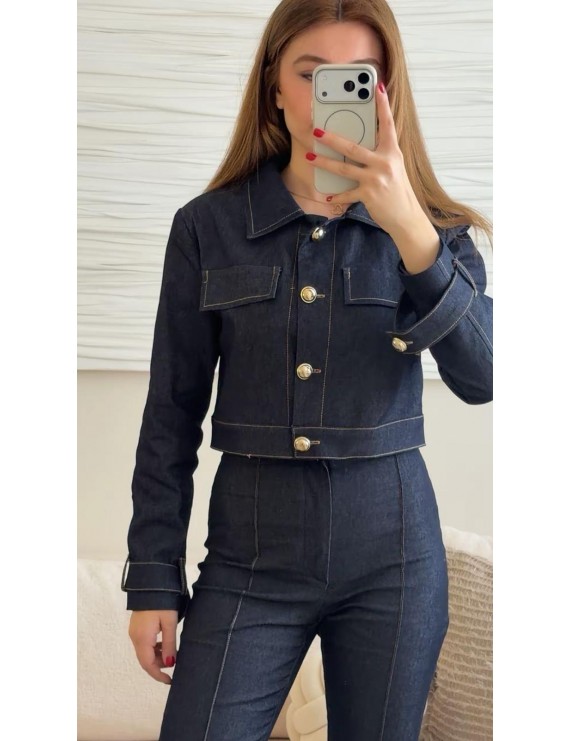 GOLD DÜĞME DETAYLI KOT CEKET PANTOLON TAKIM 