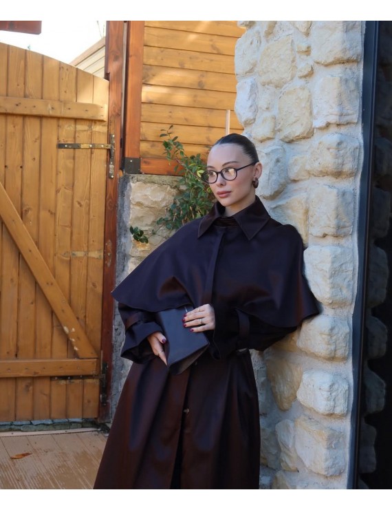 ACI KAHVE  PELERİN DETAYLI TRENÇKOT 