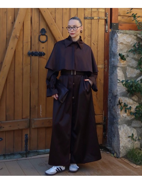 ACI KAHVE  PELERİN DETAYLI TRENÇKOT 